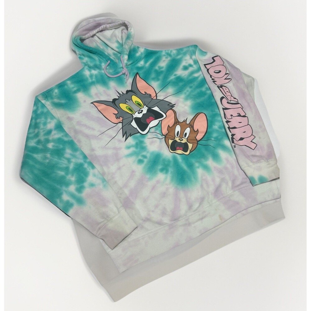 Tom and Jerry Teal Purple Tie Dye Pullover Hoodie Women's Size Medium Stains